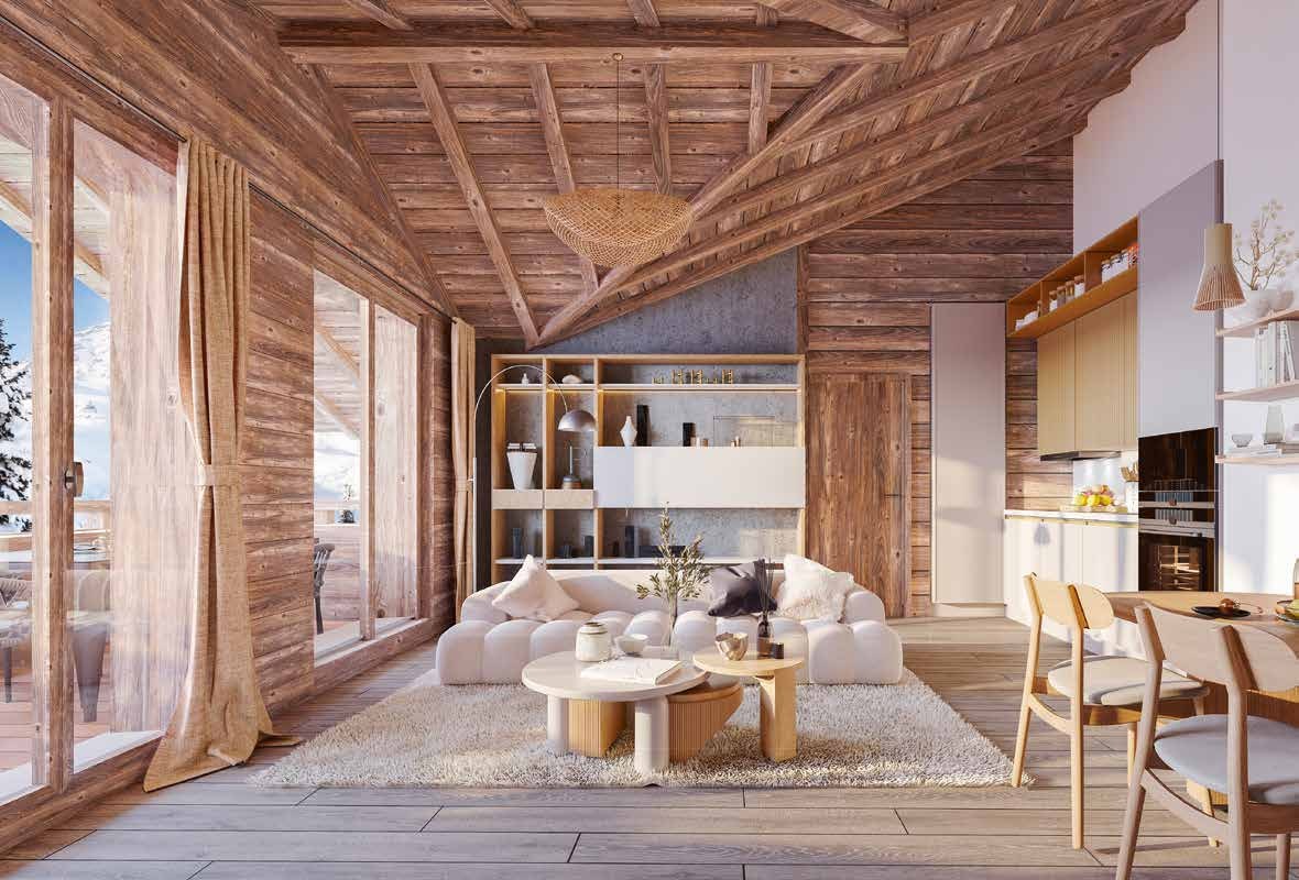Intérieur chaleureux en bois d'une résidence de montagne